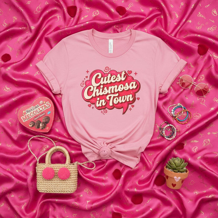 Cutest Chismosa in Town T-shirt, Funny Mexican Candy Graphic Tee, Pink Unisex Gossip Shirt, Spanish Slang Latina Gift, Mecollitas Chocolate Heart Box Photo