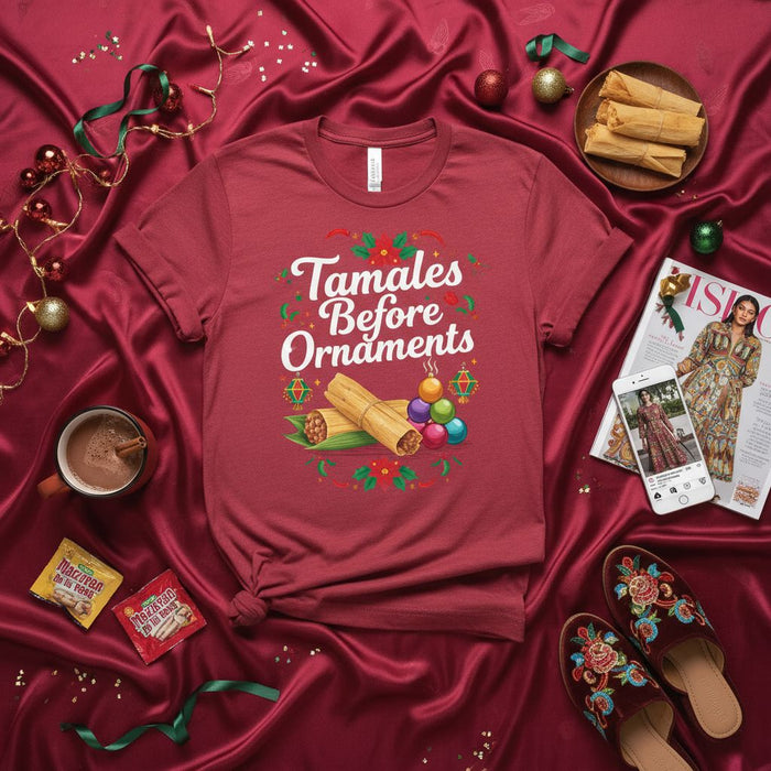 Tamales Before Ornaments Christmas T-Shirt, Funny Holiday Fiesta Tee, Festive Mexican Food Shirt, Winter Celebration Apparel, Family Gathering Gift Idea, Red Unisex Short Sleeve Shirt