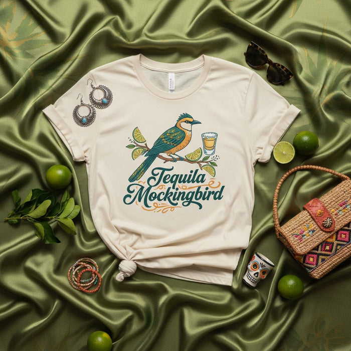 Tequila Mockingbird Shirt with Bird Drinking a Shot and Limes, Unisex Graphic Tee, Humorous Alcohol Pun T-Shirt, Cocktail Lover Gift, Nature Inspired Design Apparel