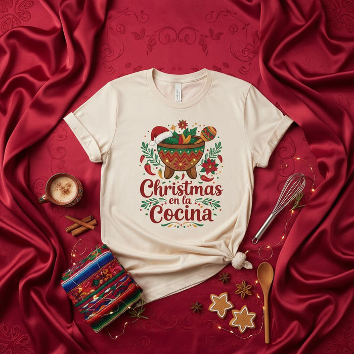 Christmas en la Cocina T-Shirt, Unisex Holiday Shirt with Mexican Molcajete Design, Festive Spanish Christmas Cooking Tee, Red and Green Chile Peppers, Star Anise and Cinnamon, Christmas Gift for Cooks and Foodies