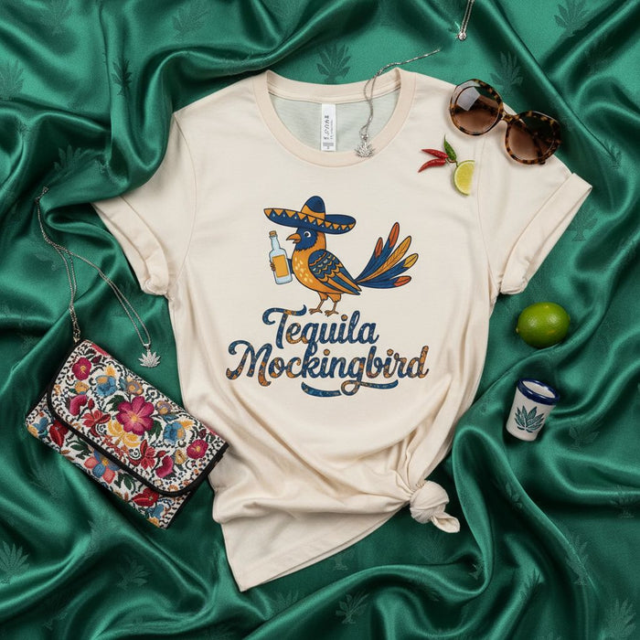 Tequila Mockingbird Shirt: Funny Pun Bird Sombrero Mexican Drink Graphic Tee Unisex Adult Humor Gift