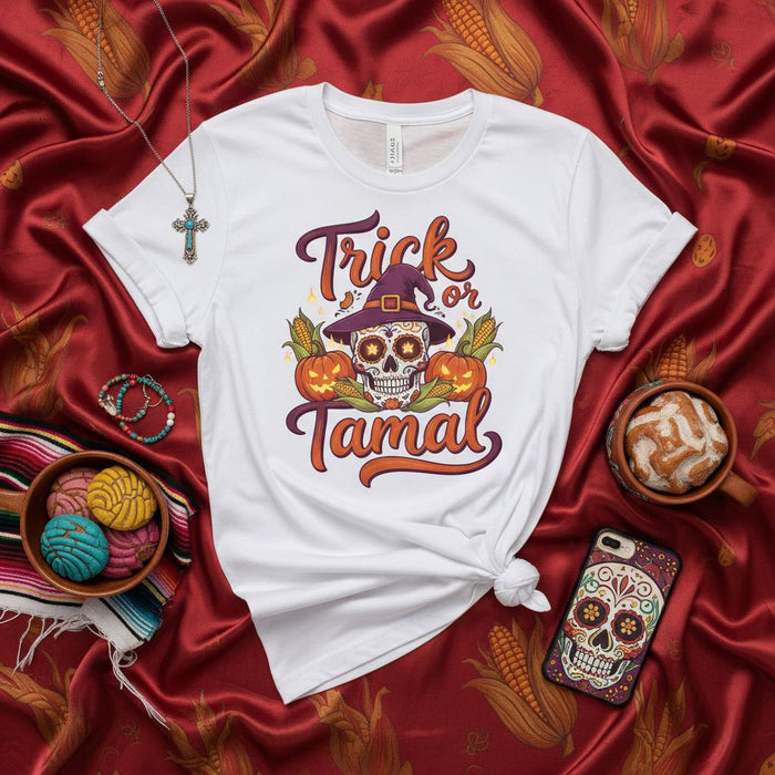 Trick or Tamal Sugar Skull T-Shirt, Funny Dia de Muertos Halloween Shirt, Calavera with Sombrero, Pumpkin and Corn Graphic Tee, Unisex Fit, Spooky Season Apparel