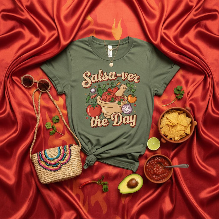 Salsa-ver the Day T-Shirt, Funny Mexican Food Lover Tee, Mortar and Pestle, Fresh Produce Graphic Shirt, Humorous Pun, Cinco de Mayo, Olive Green Unisex Tee, Gift for Cook or Chef