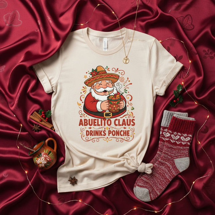 Abuelito Claus Drinks Ponche T-Shirt, Mexican Santa with Sombrero Christmas Tee, Funny Spanish Holiday Shirt for Grandpa or Dad, Latino Family Gift Idea