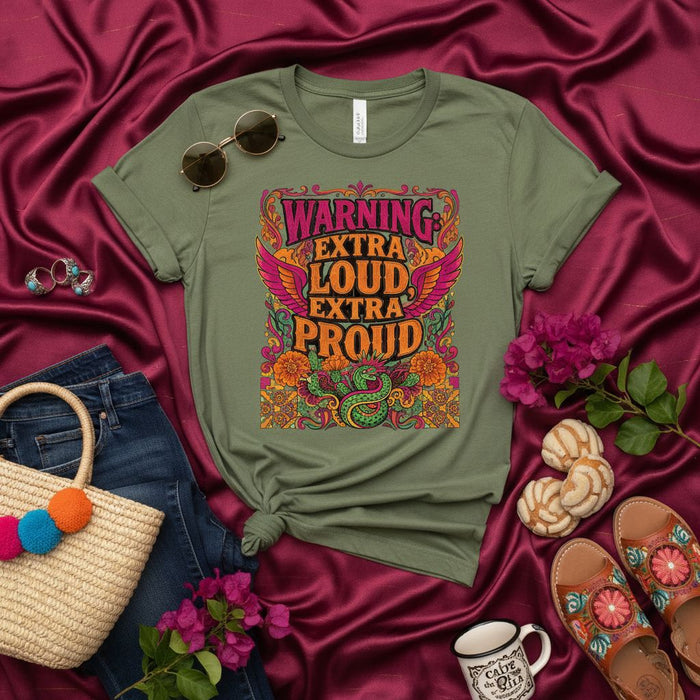 WARNING EXTRA LOUD EXTRA PROUD T-Shirt, Groovy Bohemian Pride Graphic Tee, Hippie Psychedelic Flower Art Shirt, Retro 70s Style Statement Top, Unisex Olive Green Shirt for Her Him
