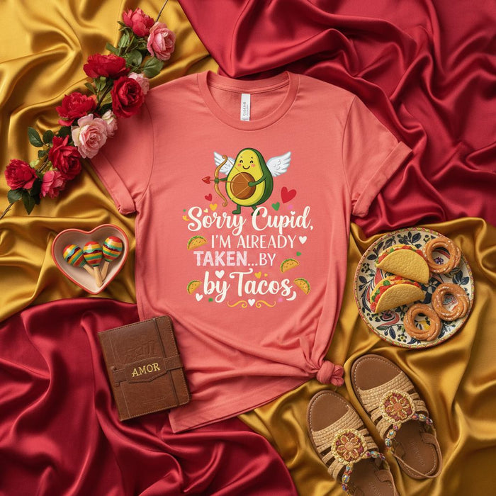 Sorry Cupid I'm Already Taken By Tacos T-Shirt, Funny Avocado Cupid Tee, Cute Valentine's Day Shirt, Food Lover Gift, Funny Single Shirt, Unisex Coral Graphic T-Shirt, Taco Tuesday Apparel, Mexican Food Lover Top