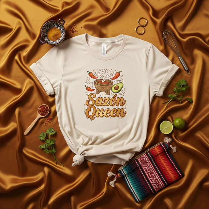 Sazón Queen Unisex T-Shirt Funny Latina Cooking Shirt Sazón Spice Lover Foodie Gift Mexican Food Tee Guacamole Avocado Chili Pepper Print