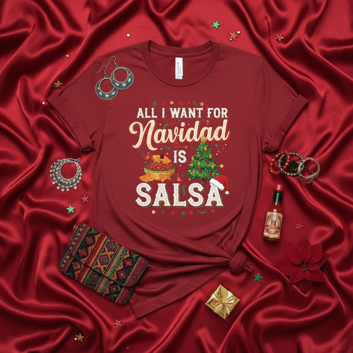All I Want For Navidad Is Salsa Christmas T-Shirt, Funny Holiday Fiesta Tee, Mexican Food Lover Gift, Unisex Xmas Party Top with Chili and Tree Graphic