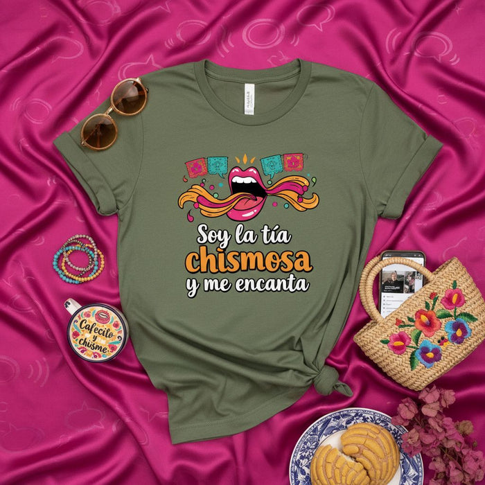Soy la tía chismosa y me encanta T-shirt, Funny Spanish Auntie Gossip Tee, Mexican Fiesta Banner Lips Design, Latina Family Humor Gift Shirt