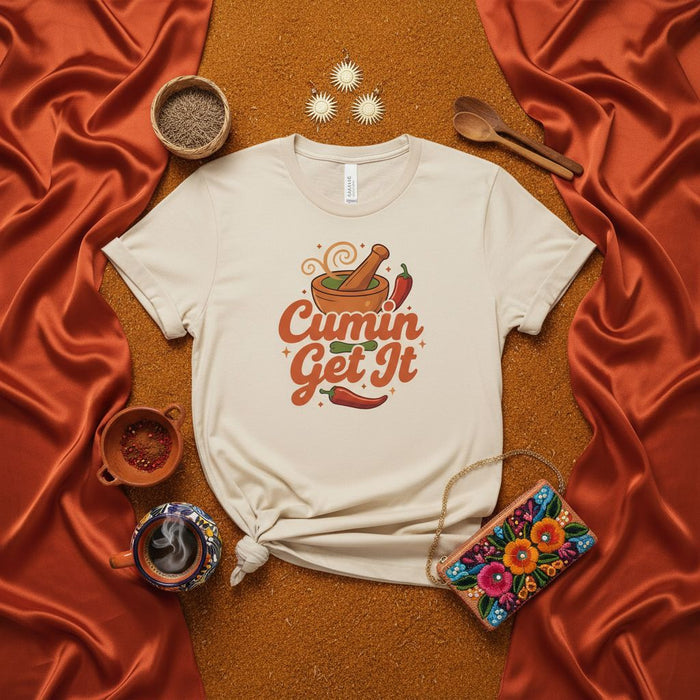 Cumin Get It T-Shirt | Funny Spice Pun Shirt | Cooking Chef Gift | Mortar and Pestle Chili Pepper Graphic Tee | Unisex Foodie Apparel