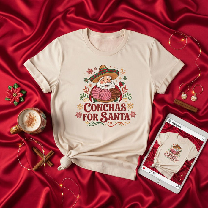 Conchas For Santa T-Shirt, Funny Mexican Christmas Pan Dulce Tee, Santa Sombrero Fiesta Holiday Shirt, Cute Hispanic Food Lover Gift, Navidad Bakery Top