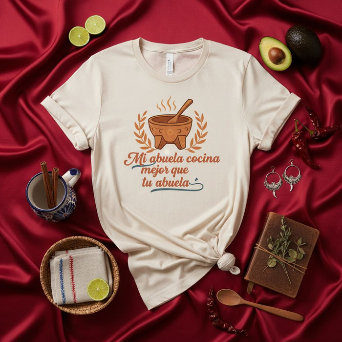 Mi abuela cocina mejor que tu abuela T-Shirt, Mexican Molcajete Spanish Quote Abuela Kitchen Tee, Funny Grandparent Gift, Unisex Culinary Shirt