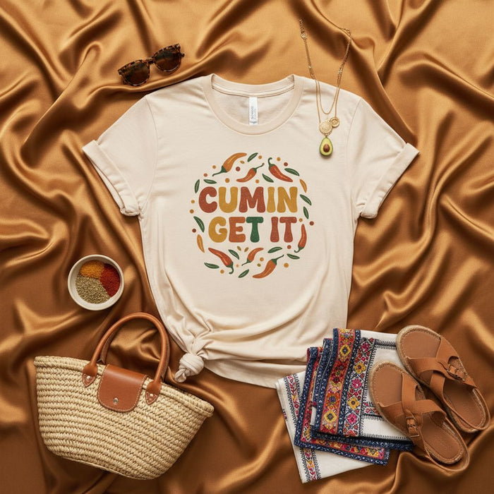 CUMIN GET IT T-Shirt with Retro Chilis, Funny Spice Pun Tee, Unisex Graphic Shirt, Food Lover Gift, Mexican Cuisine Humor Apparel, Summer Vacation Top, Boho Style Graphic T-Shirt