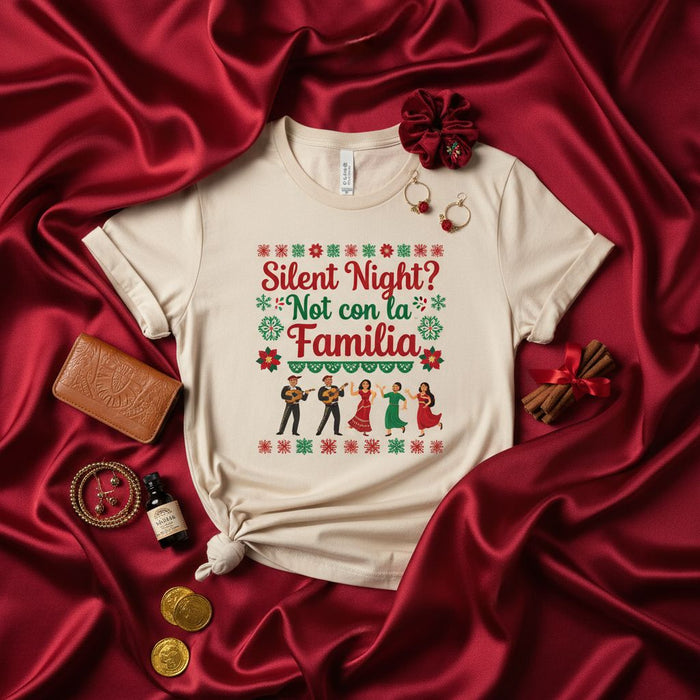 Silent Night Not con la Familia Shirt Funny Ugly Christmas Sweater Style T-Shirt, Mexican Fiesta Holiday Party Tee, Latinx Family Gathering Gift Idea, Beige Unisex Xmas Top