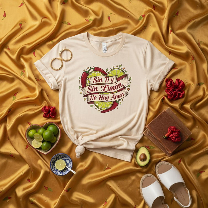 Sin Ti Y Sin Limón No Hay Amor T-Shirt, Spicy Chili Pepper Lime Heart Design Tee, Mexican Food Lover Gift, Unisex Graphic Shirt, Spanish Phrase Love Shirt