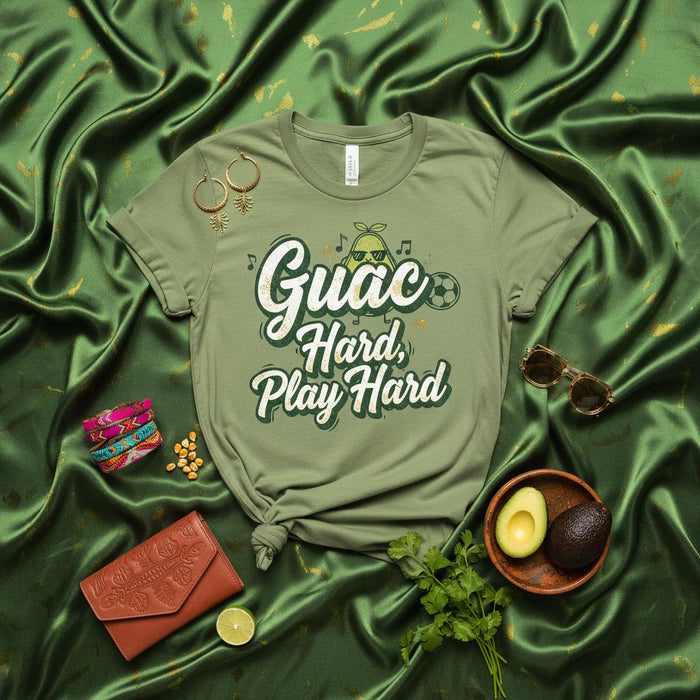 Guac Hard, Play Hard Avocado Shirt: Funny Soccer Foodie Unisex Tee for Cinco de Mayo, Game Day, or Mexican Fiesta Gift Idea