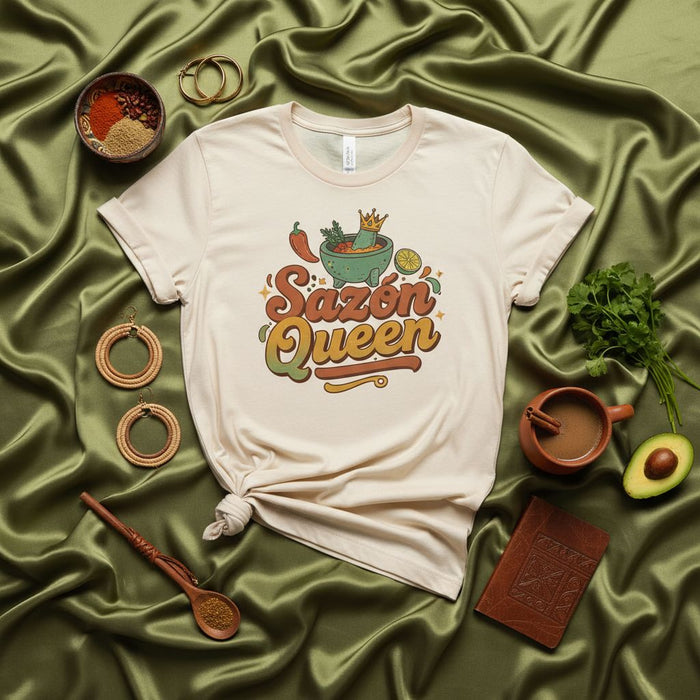 Sazón Queen Unisex T-Shirt Hispanic Foodie Cooking Shirt Latin Spice Shirt Retro Spanish Food Lover Gift Tee