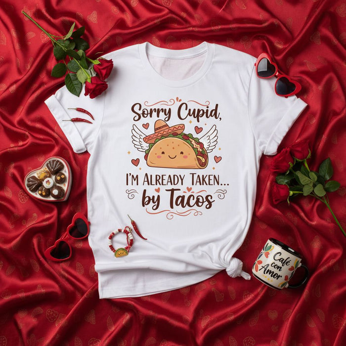 Sorry Cupid, I'm Already Taken by Tacos T-Shirt, Funny Valentine's Day Tee, Cute Taco with Sombrero and Wings Graphic, Food Lover Shirt, Gift for Him Her, Unisex Adult Apparel