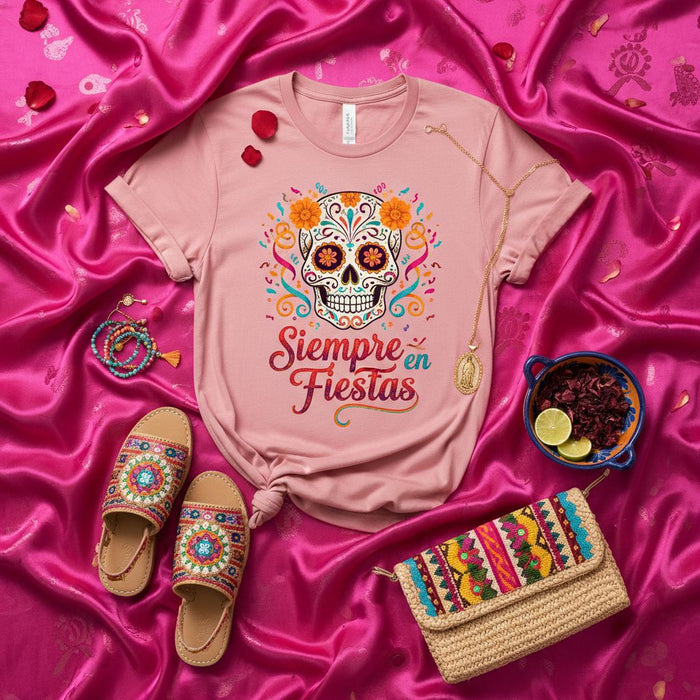 Siempre en Fiestas Day of the Dead Mexican Fiesta T-Shirt Dia de Muertos Sugar Skull Shirt Women's Floral Calavera Tee