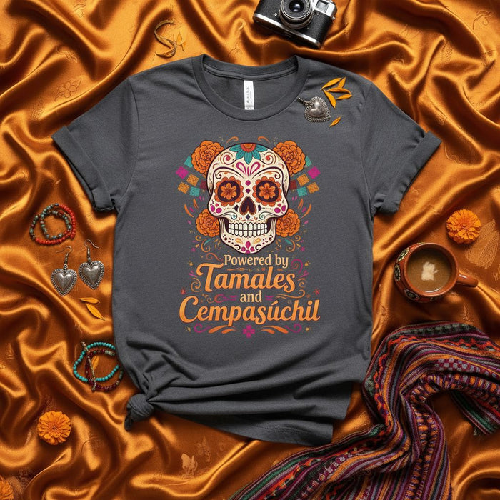 Powered by Tamales and Cempasúchil Sugar Skull T-Shirt, Día de Muertos Calavera Tee, Mexican Food and Marigold Flower Shirt, Unisex Cultural Heritage Graphic Apparel
