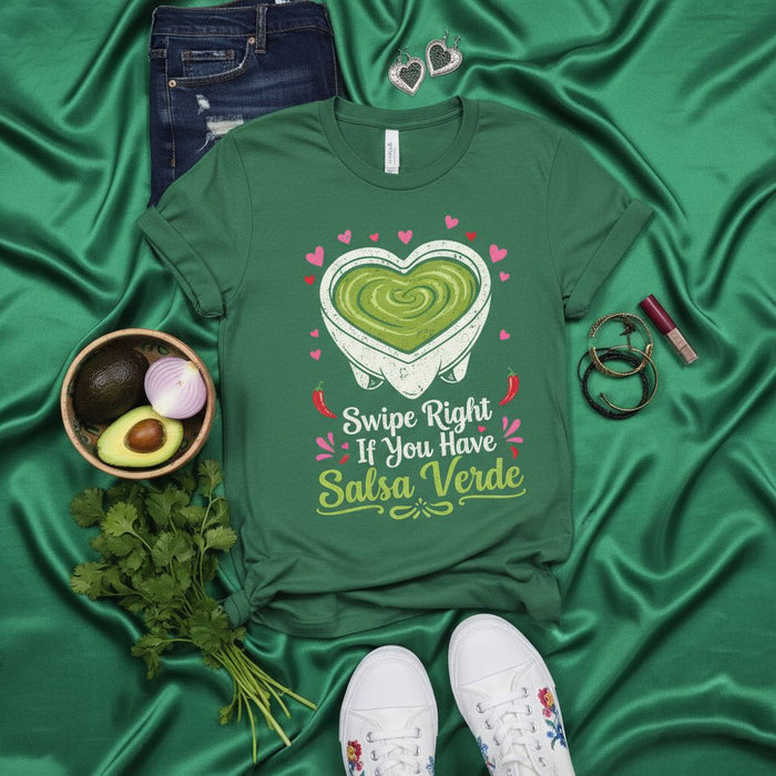 Swipe Right If You Have Salsa Verde T-Shirt, Funny Guacamole Heart Bowl Tee, Cinco de Mayo Mexican Food Lover Shirt, Avocado Chili Peppers Graphic, Unisex Green Casual Top