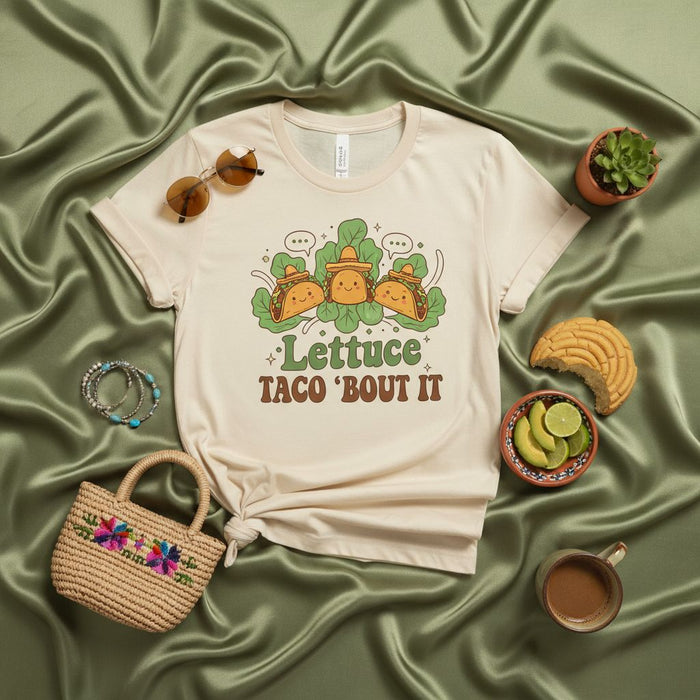 Lettuce Taco 'Bout It Shirt, Funny Taco Lovers Graphic Tee, Retro Food Pun T-Shirt, Cute Cartoon Tacos Cinco de Mayo Unisex Apparel, Mexican Food Humor Gift Idea, Cream Short Sleeve Top