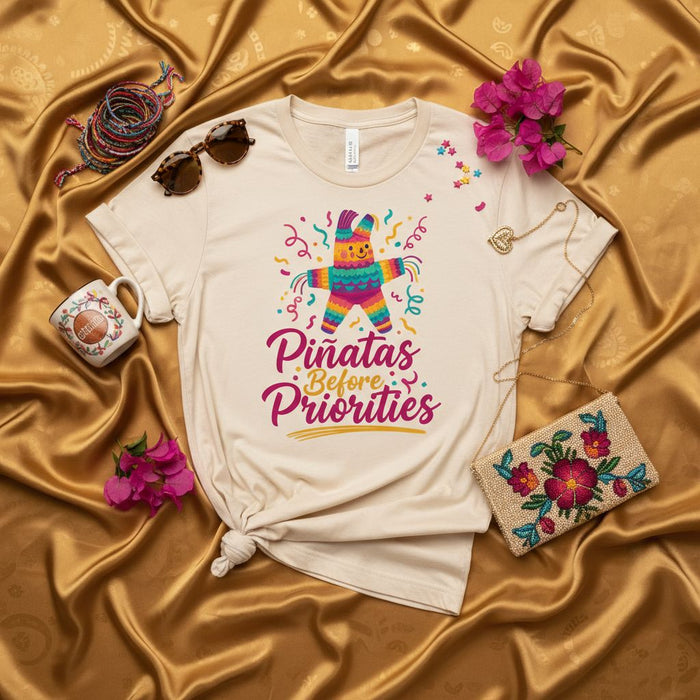 Maglietta Piñatas Before Priorities, maglia divertente per la festa, maglietta con grafica piñata messicana, top carino per festa Cinco de Mayo, regalo unisex per celebrazione di eventi