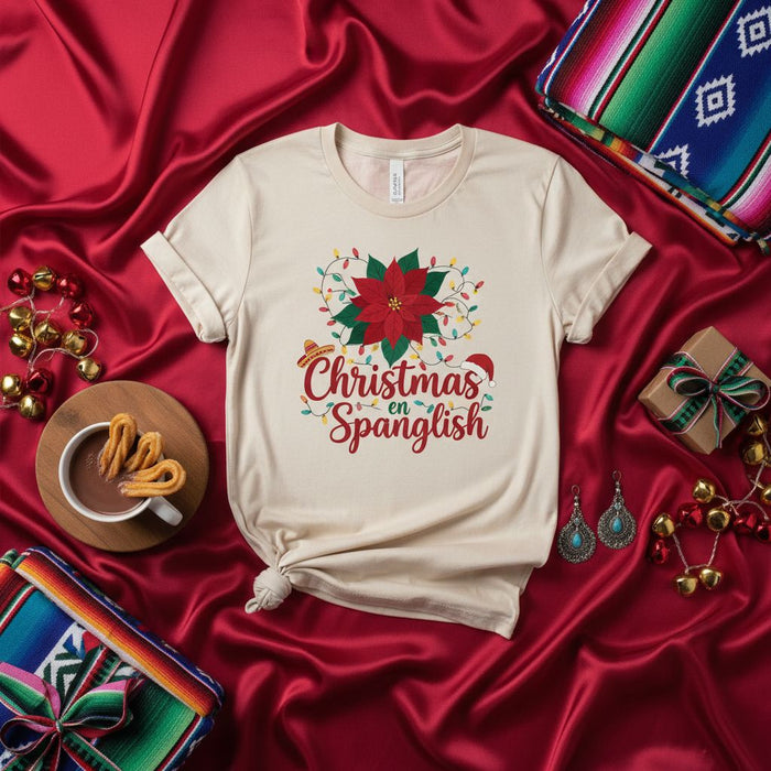 Christmas en Spanglish Shirt, Funny Latino Christmas T-Shirt, Poinsettia Lights Serape Fiesta, Mexican Holiday Tee, Unisex Spanglish Xmas Gift, Cute Navidad Shirt