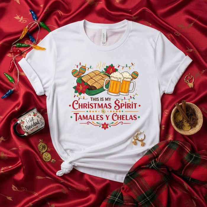 This is My Christmas Spirit Tamales y Chelas T-Shirt: Festive Holiday Apparel with Food and Beer Graphic for Men and Women, Funny Spanish English Text Tee Shirt Gift Idea