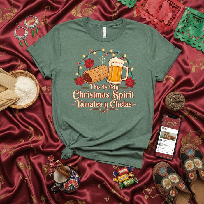 This Is My Christmas Spirit Tamales y Chelas T-Shirt: Festive Latino Holiday Tee with Beer, Tamales, and Poinsettias, Perfect for Tamalada and Navidad Celebration