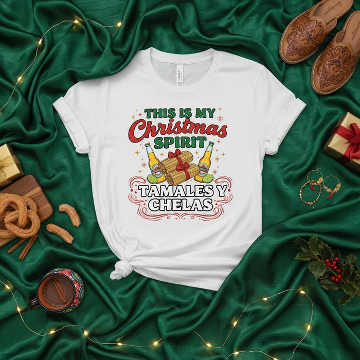 This is My Christmas Spirit Tamales Y Chelas Shirt, Funny Mexican Christmas T-Shirt, Latinx Holiday Food Tee, Tamale and Beer Xmas Gift, Festive Family Party Apparel