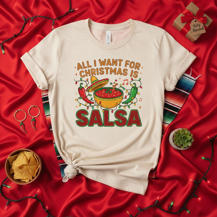 All I Want for Christmas is Salsa T-Shirt, Funny Holiday Shirt, Mexican Food Lover Gift, Christmas Lights, Sombrero, Jalapeño, Chili Pepper, Festive Xmas Apparel, Unisex Tee