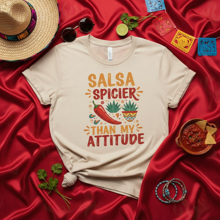 Salsa Spicier Than My Attitude T-Shirt, Funny Mexican Food and Hot Sauce Lover Unisex Tee, Cute Cinco de Mayo Fiesta Shirt with Chili Pepper and Succulent Plants