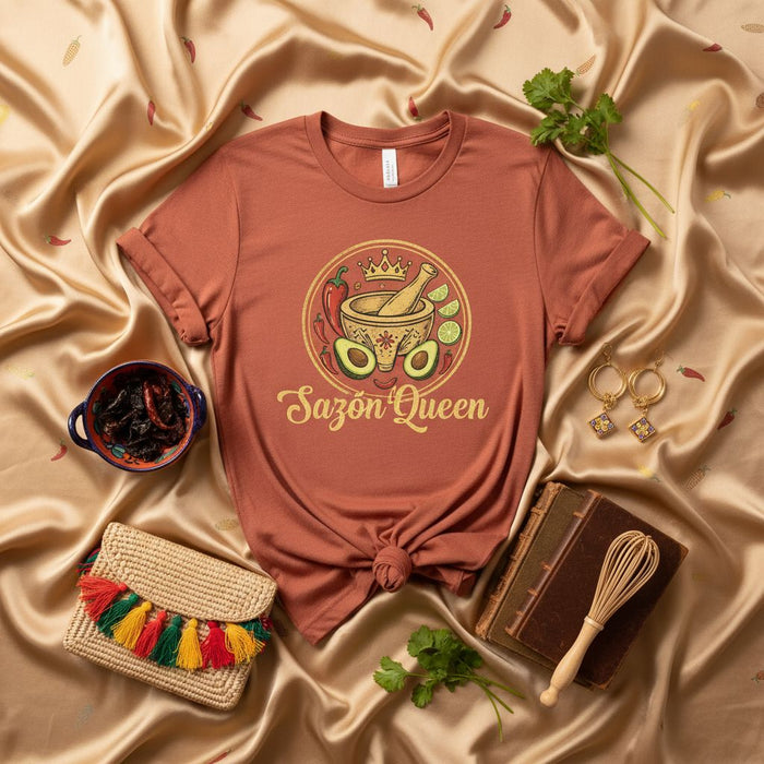 Sazón Queen T-Shirt, Mexican Cooking Shirt, Avocado Molcajete Spice Tee, Latina Foodie Gift, Spanish Chef Apparel, Unisex Hispanic Cuisine Top