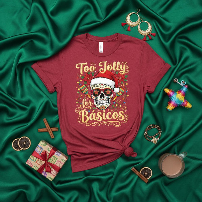 Too Jolly For Básicos Sugar Skull Christmas T-Shirt, Funny Dia De Los Muertos Santa Shirt, Holiday Calavera Tee, Mexican Posadas Gift for Him Her, Festive Maracas Lights Xmas Top