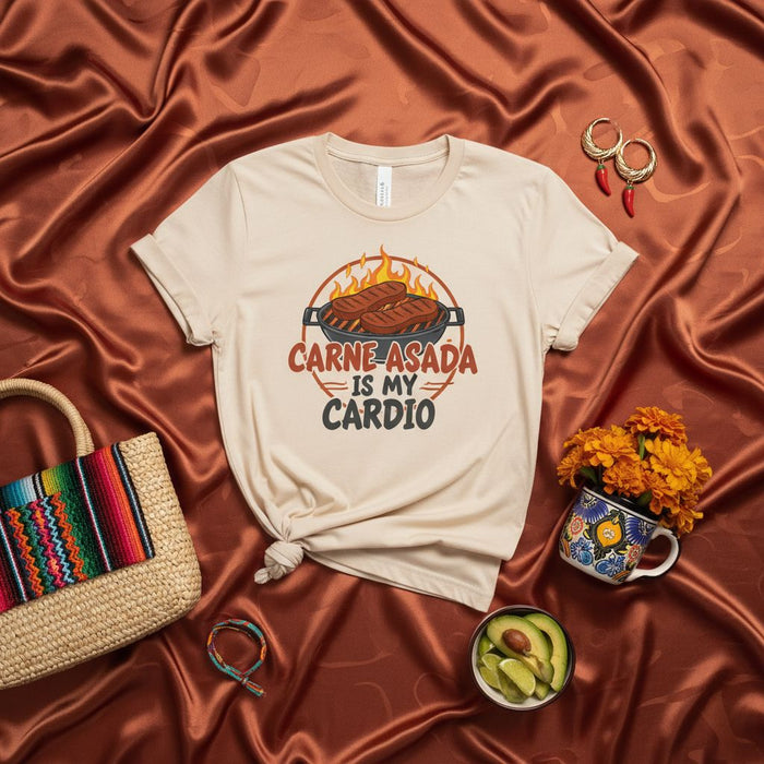 Carne Asada is My Cardio T-Shirt Funny BBQ Grill Mexican Food Tee Shirt Unisex Gift for Grilling and Meat Lovers Hispanic Culture Novelty Top for Men Women