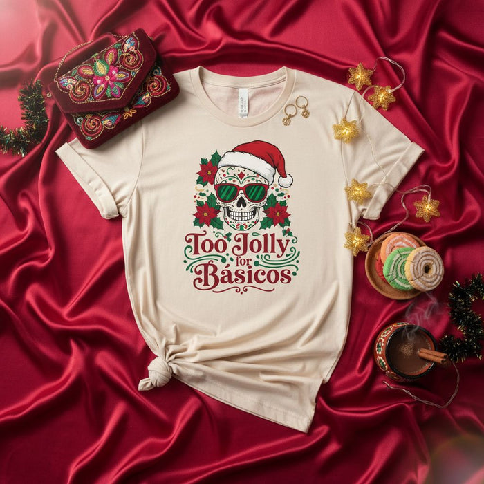 Too Jolly for Básicos Sugar Skull Santa Christmas T-Shirt, Unisex Holiday Tee with Poinsettias and Day of the Dead Inspired Design, Spanglish Xmas Shirt Gift Idea