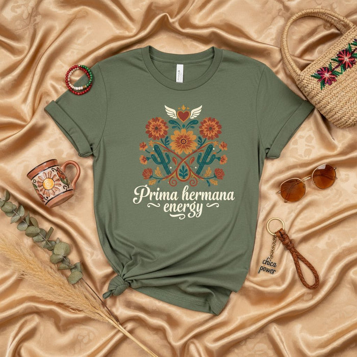 Prima hermana energy Shirt, Latina Cousin Tee, Funny Sibling Vibe T-Shirt, Mexican Floral Cactus Print, Family Gift Top, Spanish Language Gift, Sisterhood Graphic Tee, Women's Casual Wear