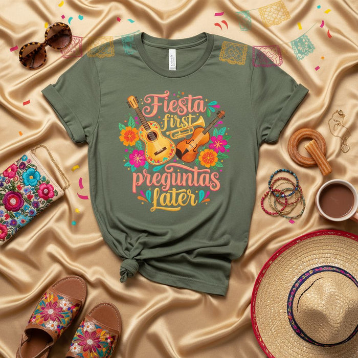 Fiesta First Preguntas Later T-Shirt, Funny Cinco de Mayo Shirt, Mariachi Guitar Trumpet Floral Tee, Mexican Celebration Party Top, Unisex Slogan Graphic Shirt