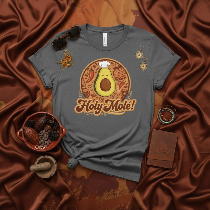 Holy Molé! Funny Chef Avocado T-Shirt, Mexican Food Lover Gift, Mole Sauce Pun Shirt, Unisex Graphic Tee, Cinco de Mayo Apparel, Guacamole Humor, Dark Gray Culinary Design
