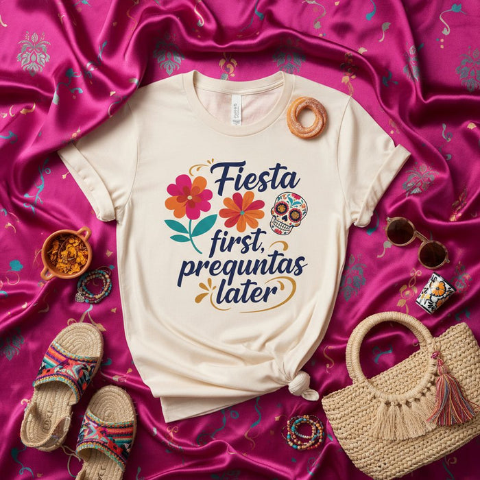 Fiesta First Preguntas Later T-Shirt, Fun Cinco de Mayo Shirt, Day of the Dead Sugar Skull, Floral Graphic Tee, Mexican Party Gift, Unisex Spanish Saying T-shirt