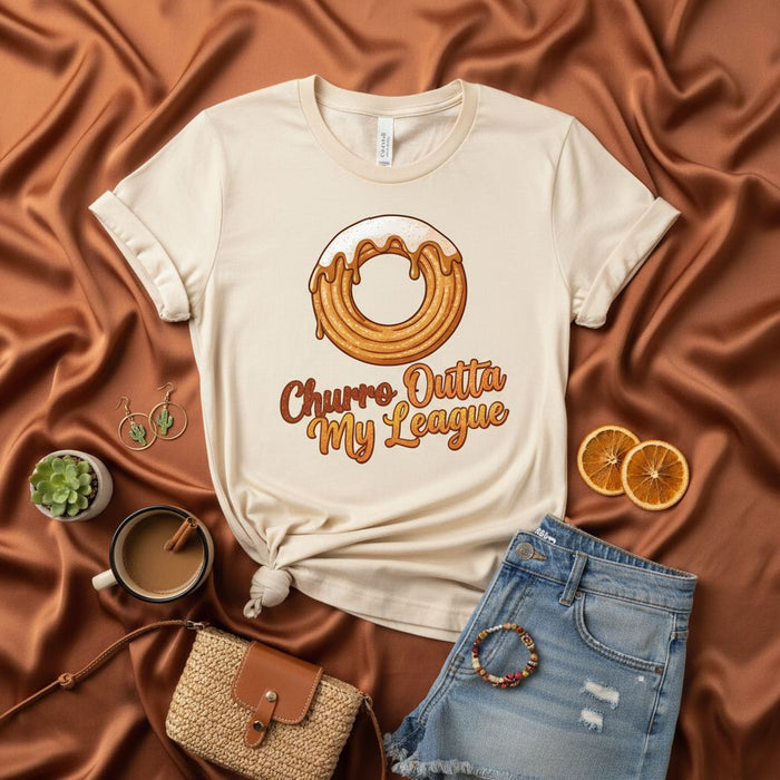 Churro Outta My League T-Shirt, Funny Churro Donut Graphic Tee, Food Pun Shirt, Sweet Dessert Lover Gift, Unisex Soft Cream Short Sleeve Top