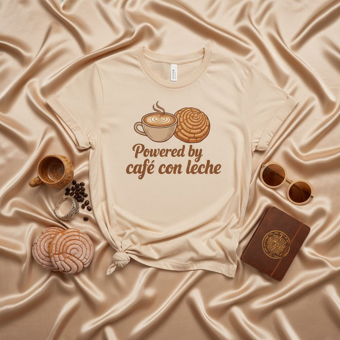 Powered by Café Con Leche Shirt, Concha Pan Dulce Tee, Hispanic Coffee Lover Gift, Mexican Sweet Bread T-Shirt, Pastel Cream Unisex Crewneck Top, Latinx Foodie Apparel