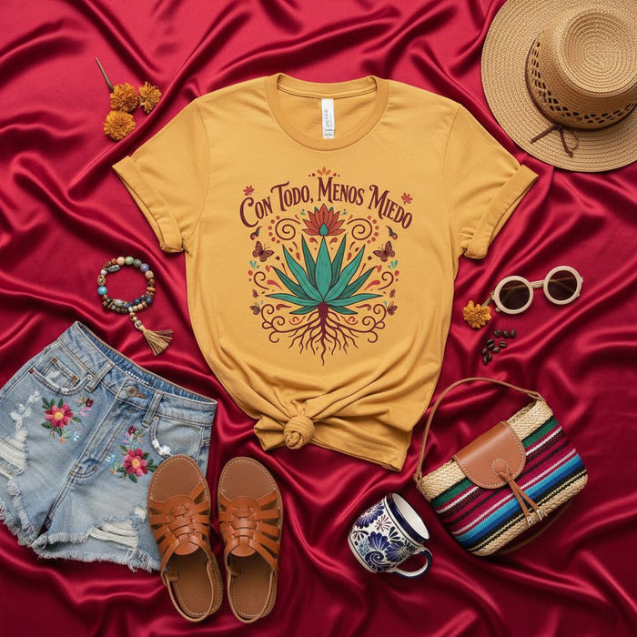 Con Todo Menos Miedo Agave Plant Unisex T-Shirt, Mexican Floral Design Tee, Empowering Spanish Quote Shirt, Comfortable Cotton Graphic Top