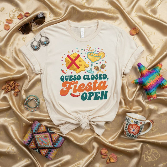 Queso Closed Fiesta Open T-Shirt, Funny Cinco de Mayo Party Tee, Retro Margaritaville Shirt, Mexican Food Lover Gift, Unisex Graphic T-shirt