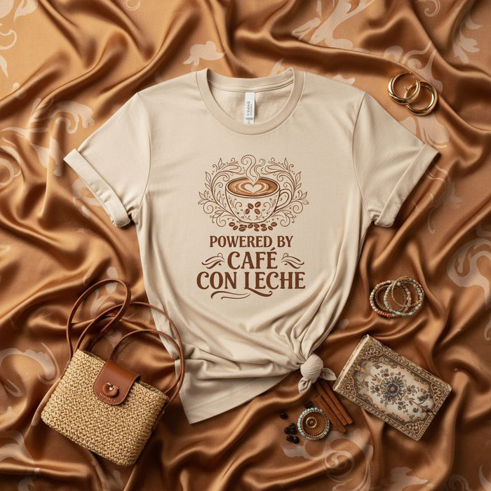 Powered by Café Con Leche Shirt, Coffee Lover T-Shirt, Cute Caffeine Graphic Tee, Unisex Spanish Coffee Drinker Gift, Latte Heart Cup Apparel
