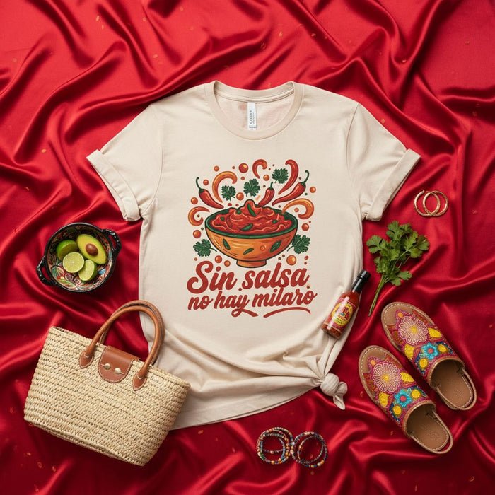 Sin salsa no hay milagro Funny Mexican Foodie T-Shirt with Chile Peppers, Bowl of Salsa, and Cilantro - Cinco de Mayo, Taco Tuesday, Hot Sauce Lover Gift Tee, Unisex Graphic Shirt