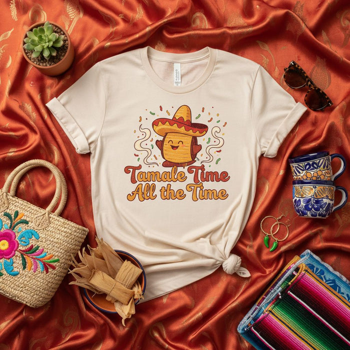 Tamale Time All the Time Cute Tamale Cartoon Wearing Sombrero Mexican Food Pun T-Shirt Cinco de Mayo Fiesta Party Tee Gift for Tamale Lovers and Cooks
