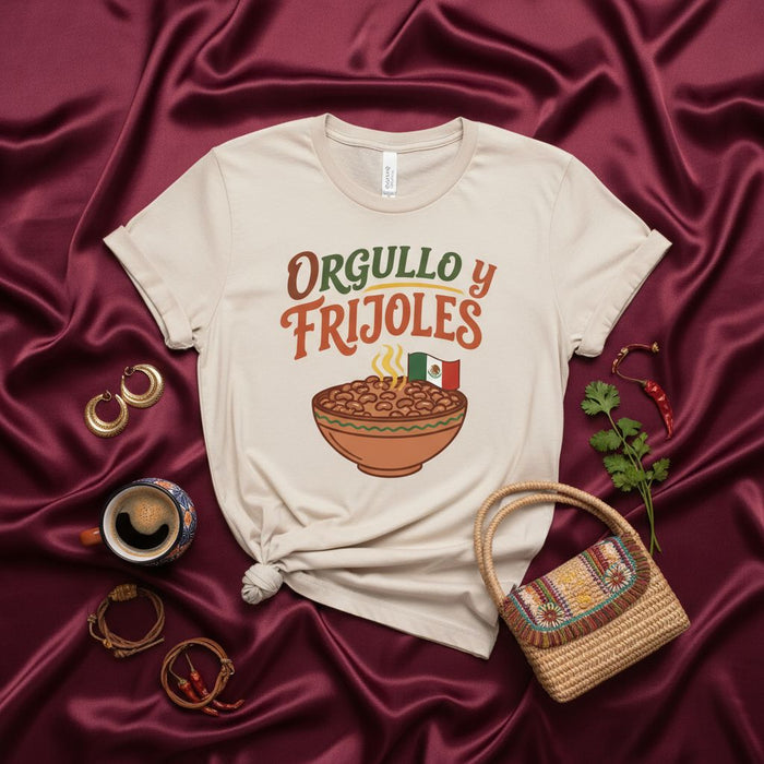 Orgullo y Frijoles Mexican Pride T-Shirt with Steaming Bean Bowl and Flag Graphic, Funny Hispanic Food Lovers Unisex Tee, Cultural Apparel Gift Idea