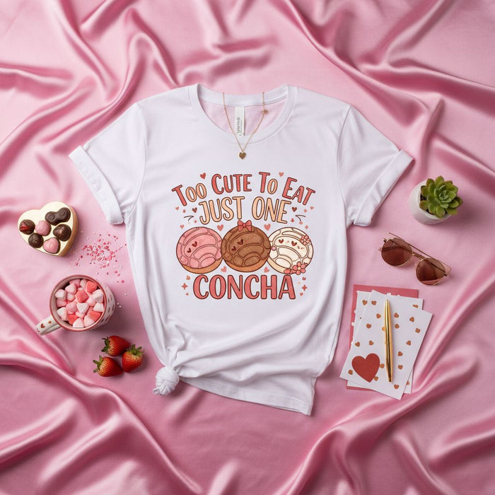 Too Cute To Eat Just One Concha T-Shirt, Cute Mexican Sweet Bread Tee, Pastel Pink Brown White Conchas, Pan Dulce Lover Gift, Unisex Valentine's Day Shirt